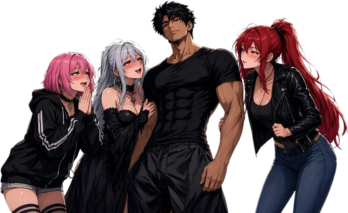 Anime-style character art of CJ (LimitedInk) with a group of anime women around him